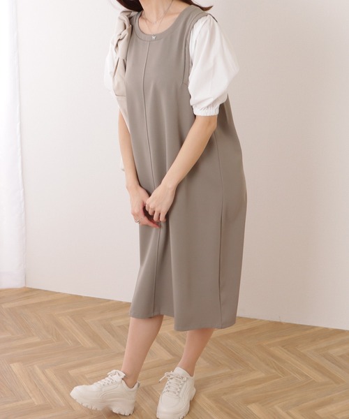 Lace Ladies(レースレディース)の「バルーン袖 異素材 ドッキング 5分袖 ロング ワンピース(ワンピース・レディース・グレー/ブラック/グレイッシュベージュ/ネイビー・S/FREE)」の18枚目の写真