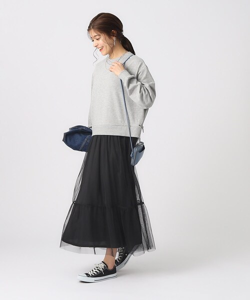 DRESKIP(ドレスキップ)の「◆【無理せずキレイ】一枚でサマになる チュールドッキング裏毛ワンピース(ワンピース・レディース・グレー/ブラック/ライトベージュ・02/03/04)」の5枚目の写真