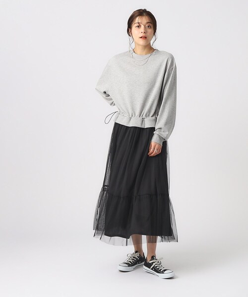 DRESKIP(ドレスキップ)の「◆【無理せずキレイ】一枚でサマになる チュールドッキング裏毛ワンピース(ワンピース・レディース・グレー/ブラック/ライトベージュ・02/03/04)」の7枚目の写真