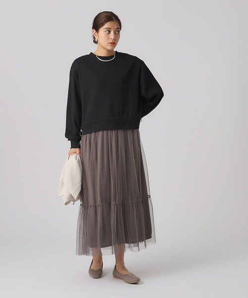 DRESKIP(ドレスキップ)の「◆【無理せずキレイ】一枚でサマになる チュールドッキング裏毛ワンピース(ワンピース・レディース・グレー/ブラック/ライトベージュ・02/03/04)」の12枚目の写真