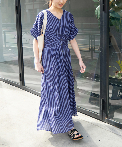 NE QUITTEZ PAS!（ヌキテパ）の「ne Quittez pas / ヌキテパ COTTON VOILE STRIPE WAIST（ワンピース・レディース・グリーン/ネイビー・MEDIUM）」の20枚目の写真