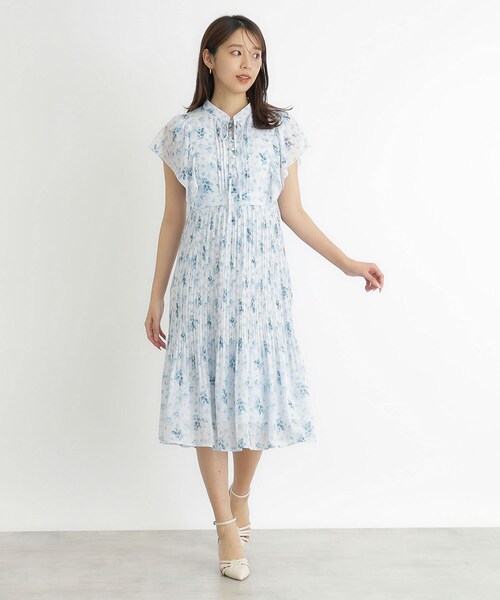 美品 mikiosakabe バイカラーフラワープリーツワンピース セール】 バイカラーフラワープリントワンピース （ロング