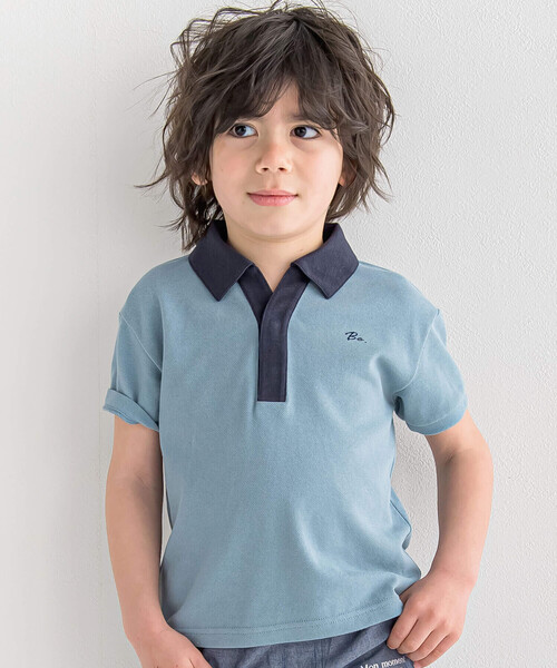 BeBe（ベベ）の「スキッパーカラーカノコ半袖ポロシャツ(100~140cm)（ポロシャツ・キッズ・ブルー/ベージュ・110cm/100cm/120cm/130cm/140cm）」の2枚目の写真
