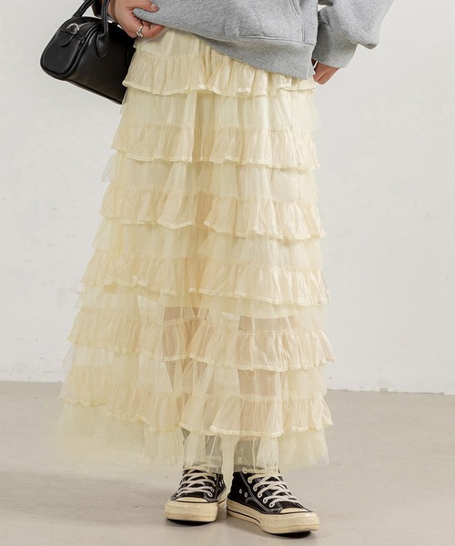 DAY CLOSET（デイ クローゼット）の「レディース ティアードフリルロングスカート（スカート・レディース・ピンク/アイボリー/ブラウン/ブラック/ベージュ・FREE）」の3枚目の写真