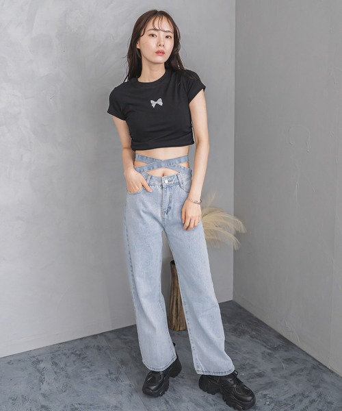 madrepadre(マドレパドレ)の「ラインストーン付きリボンプリントTシャツ(Tシャツ/カットソー・レディース・ブラック/グレー・SMALL/MEDIUM)」の6枚目の写真