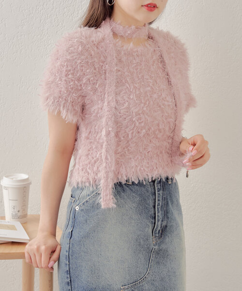 リボン半袖ニット ブラック×ピンク Chico（チコ）の「リボンフェザー半袖ニット（ニット/セーター