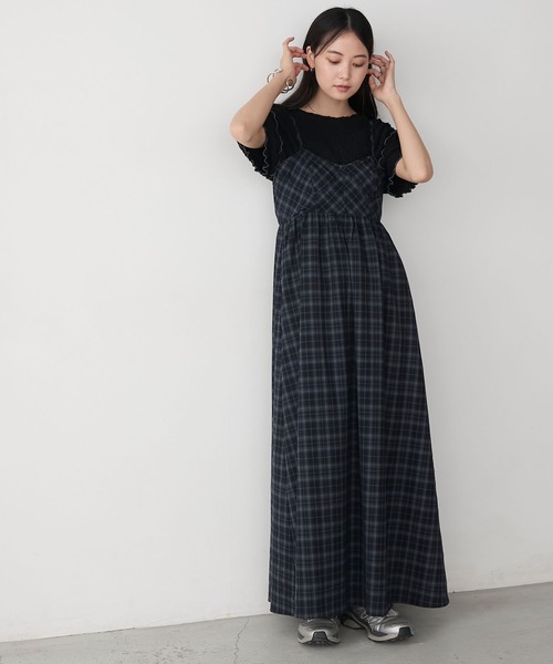 forksy.】チェック柄スイッチングロングキャミワンピース（ワンピース