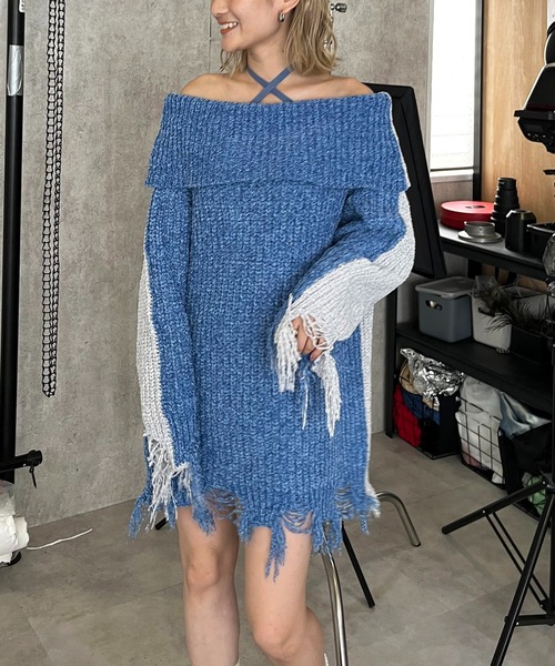 SPIRALGIRL(スパイラルガール)の「チョーカーオフショルバイカラーニット(ワンピース・レディース・ブルー/グレー/ブラック・FREE)」の18枚目の写真