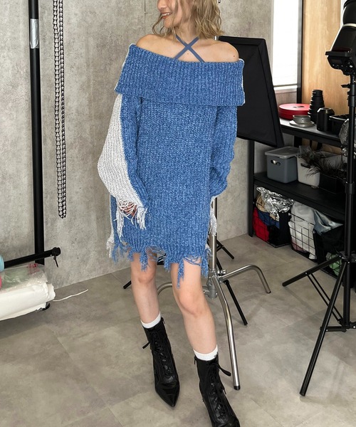 SPIRALGIRL(スパイラルガール)の「チョーカーオフショルバイカラーニット(ワンピース・レディース・ブルー/グレー/ブラック・FREE)」の19枚目の写真