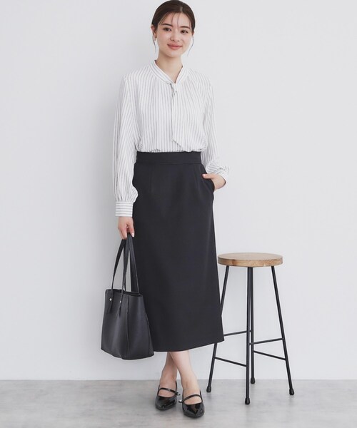 アンドエルシー　ボウタイフィッシュテイルシャツブラウス　ブラック　洗える　M アンドエルシー ボウタイフィッシュテイルシャツブラウス ブラック