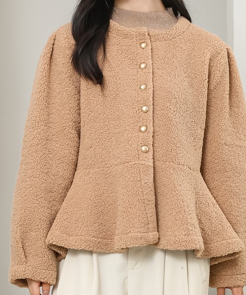 セール】ノーカラー ペプラム ショート ボア ジャケット（ノーカラー