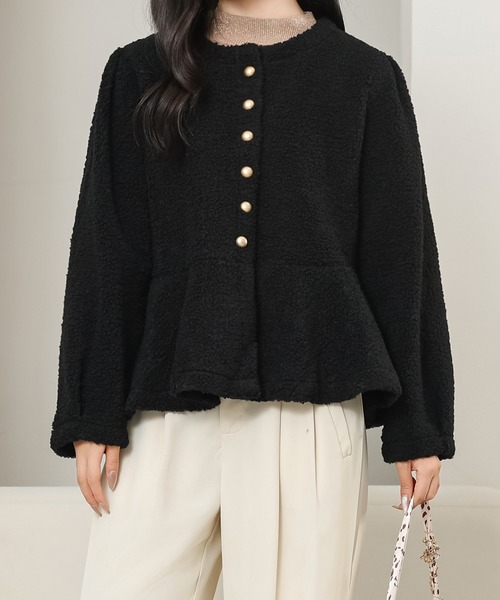 Lace Ladies(レースレディース)の「ノーカラー ペプラム ショート ボア ジャケット(ノーカラージャケット・レディース・ベージュ/ブラック/アイボリー/グレー・M)」の7枚目の写真