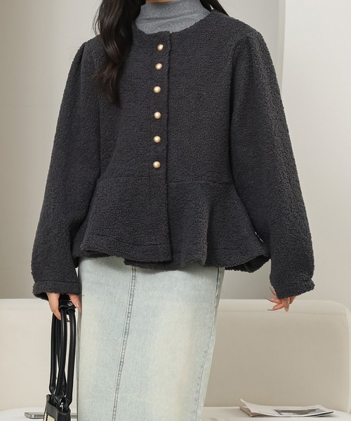 Lace Ladies(レースレディース)の「ノーカラー ペプラム ショート ボア ジャケット(ノーカラージャケット・レディース・ベージュ/ブラック/アイボリー/グレー・M)」の9枚目の写真