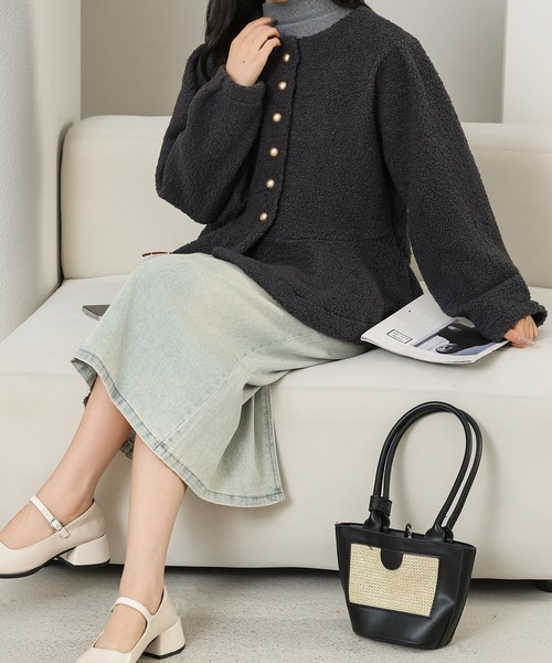 Lace Ladies(レースレディース)の「ノーカラー ペプラム ショート ボア ジャケット(ノーカラージャケット・レディース・ベージュ/ブラック/アイボリー/グレー・M)」の10枚目の写真