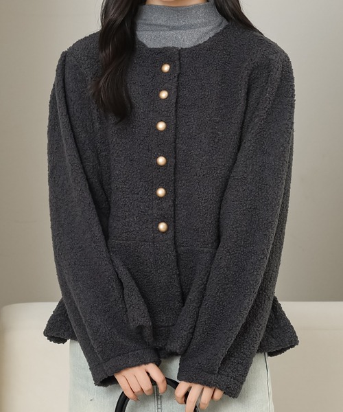 Lace Ladies(レースレディース)の「ノーカラー ペプラム ショート ボア ジャケット(ノーカラージャケット・レディース・ベージュ/ブラック/アイボリー/グレー・M)」の11枚目の写真