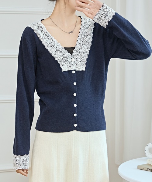 セール】Vネック 配色レース ソフト ニット カーディガン