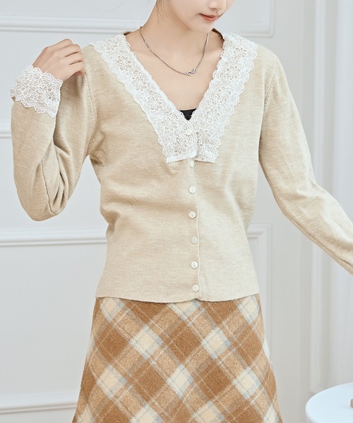 セール】Vネック 配色レース ソフト ニット カーディガン