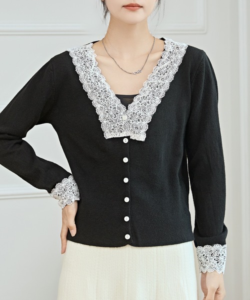 セール】Vネック 配色レース ソフト ニット カーディガン