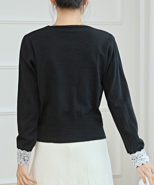 セール】Vネック 配色レース ソフト ニット カーディガン