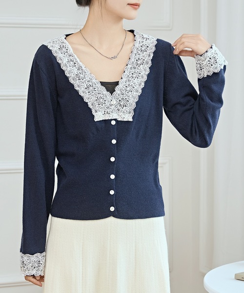 セール】Vネック 配色レース ソフト ニット カーディガン