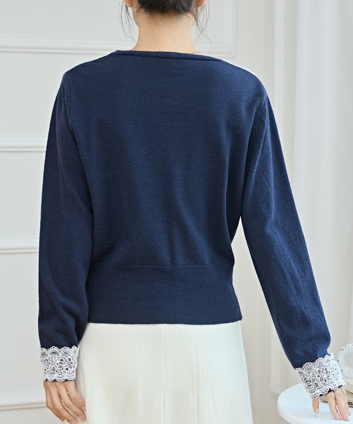 セール】Vネック 配色レース ソフト ニット カーディガン