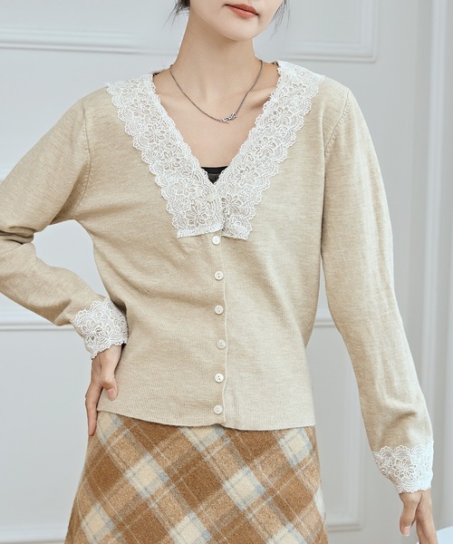 セール】Vネック 配色レース ソフト ニット カーディガン