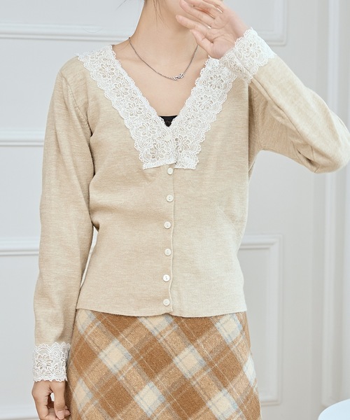 セール】Vネック 配色レース ソフト ニット カーディガン