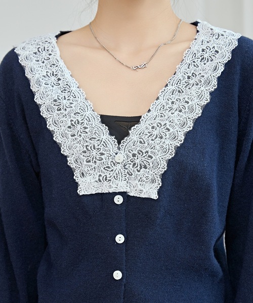 セール】Vネック 配色レース ソフト ニット カーディガン