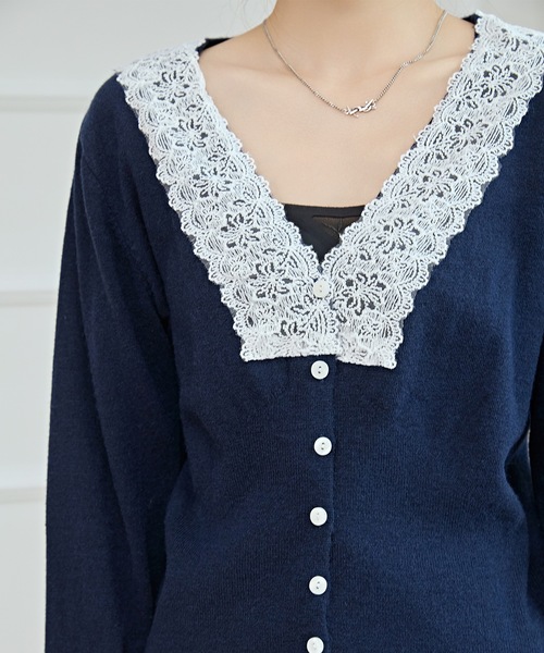 セール】Vネック 配色レース ソフト ニット カーディガン