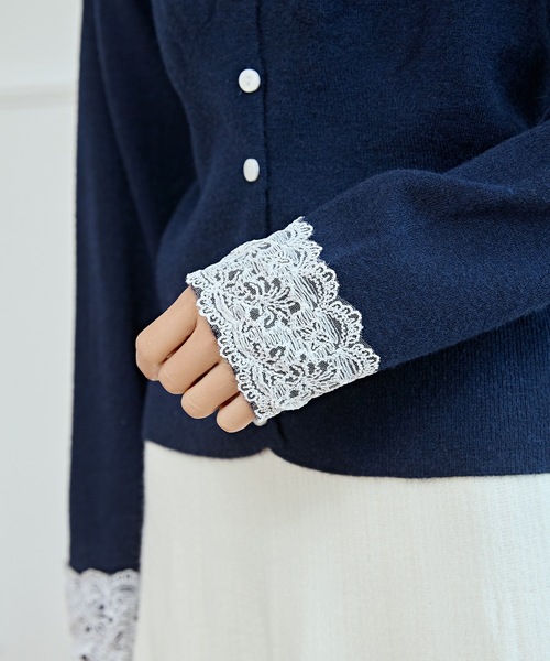 セール】Vネック 配色レース ソフト ニット カーディガン