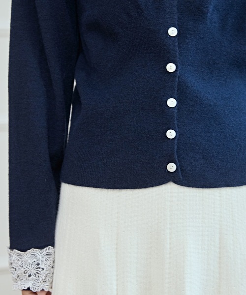 セール】Vネック 配色レース ソフト ニット カーディガン