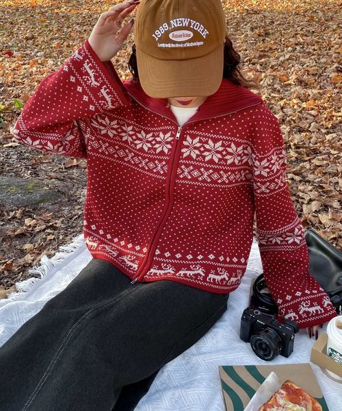 Chillfar（チルファー）の「ノルディック柄ジップニットカーデ（カーディガン/ボレロ・レディース・ネイビー/チャコール/レッド/アイボリー/ブラウン・FREE）」の5枚目の写真