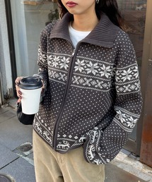 ノルディック柄ジップニットカーデ