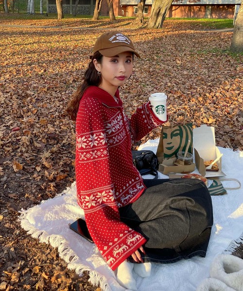 セール】ノルディック柄ジップニットカーデ（カーディガン/ボレロ