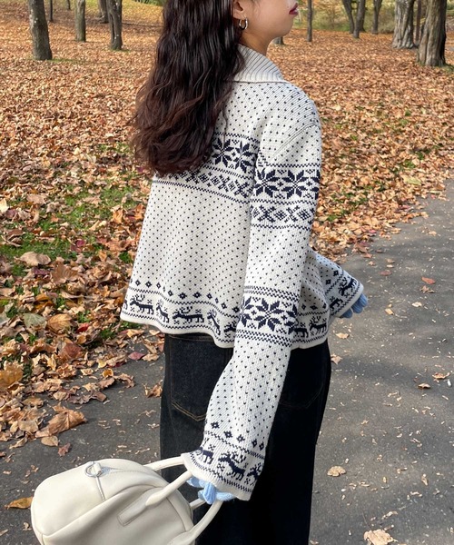 Chillfar（チルファー）の「ノルディック柄ジップニットカーデ（カーディガン/ボレロ・レディース・ネイビー/チャコール/レッド/アイボリー/ブラウン・FREE）」の12枚目の写真