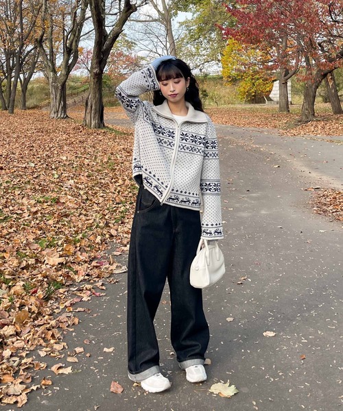 Chillfar（チルファー）の「ノルディック柄ジップニットカーデ（カーディガン/ボレロ・レディース・ネイビー/チャコール/レッド/アイボリー/ブラウン・FREE）」の14枚目の写真