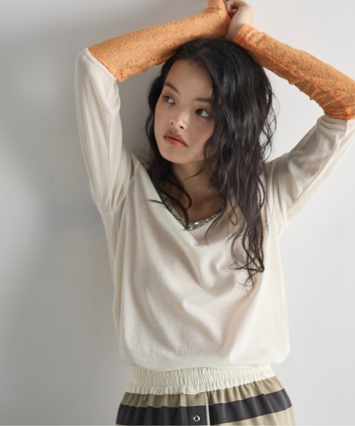 THE YOn(ザヨン)の「2WAYスイッチレースカフシアーロングスリーブT(Tシャツ/カットソー・レディース・イエロー/アイボリー/グレイッシュベージュ/チャコールグレー・FREE)」の7枚目の写真