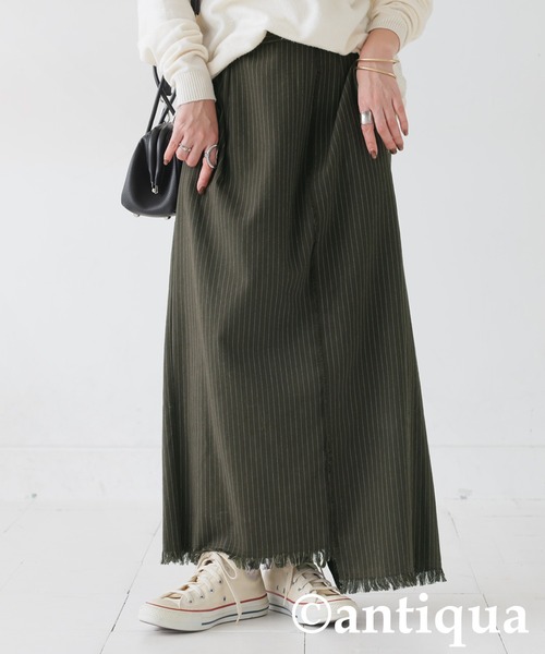 antiqua（アンティカ）の「ストライプ柄アシメロングスカート（スカート・レディース・ブラック/カーキ・ONESIZE）」の2枚目の写真