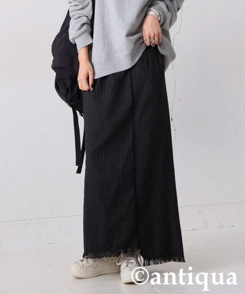 antiqua（アンティカ）の「ストライプ柄アシメロングスカート（スカート・レディース・ブラック/カーキ・ONESIZE）」の4枚目の写真