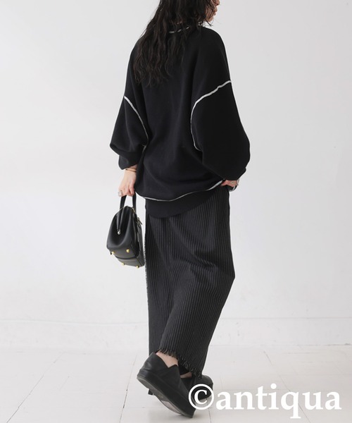 antiqua（アンティカ）の「ストライプ柄アシメロングスカート（スカート・レディース・ブラック/カーキ・ONESIZE）」の10枚目の写真
