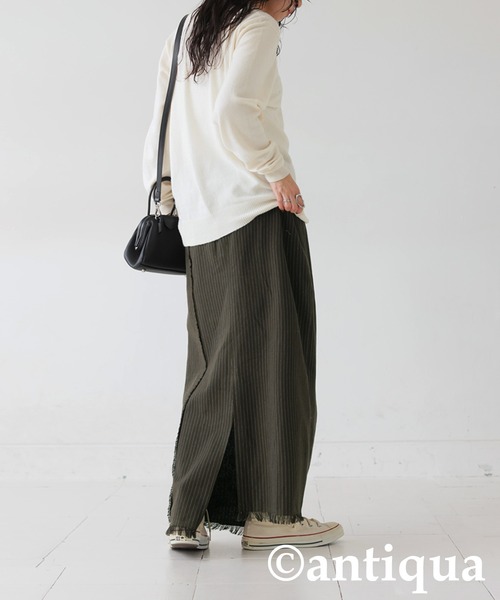 antiqua（アンティカ）の「ストライプ柄アシメロングスカート（スカート・レディース・ブラック/カーキ・ONESIZE）」の12枚目の写真