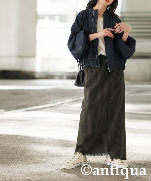 antiqua（アンティカ）の「ストライプ柄アシメロングスカート（スカート・レディース・ブラック/カーキ・ONESIZE）」の15枚目の写真