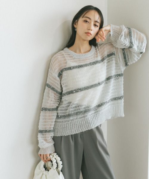 VANNIE U（ヴァニーユー）の「スパンコールボーダーシアーニット（ニット/セーター・レディース・アイボリー/ライトグレー/ピンク・FREE）」の12枚目の写真