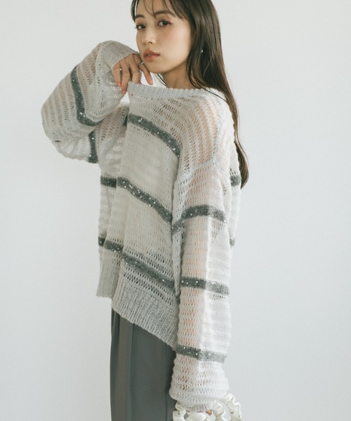 VANNIE U（ヴァニーユー）の「スパンコールボーダーシアーニット（ニット/セーター・レディース・アイボリー/ライトグレー/ピンク・FREE）」の13枚目の写真
