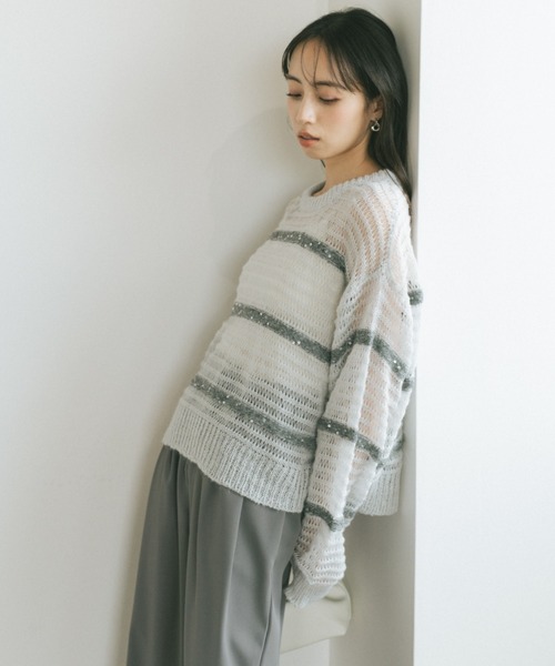 VANNIE U（ヴァニーユー）の「スパンコールボーダーシアーニット（ニット/セーター・レディース・アイボリー/ライトグレー/ピンク・FREE）」の16枚目の写真