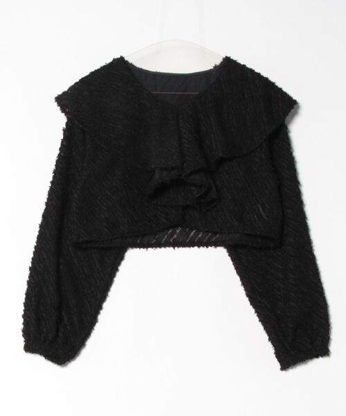 STYLEBLOCK（スタイルブロック）の「シアーミニフリンジジャガードラッフルカラークロップドブラウス（シャツ/ブラウス・レディース・ブラック/ミント/ピンク/ブルー/アイボリー・M）」の2枚目の写真