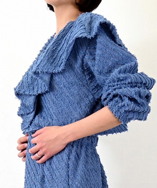 STYLEBLOCK（スタイルブロック）の「シアーミニフリンジジャガードラッフルカラークロップドブラウス（シャツ/ブラウス・レディース・ブラック/ミント/ピンク/ブルー/アイボリー・M）」の10枚目の写真