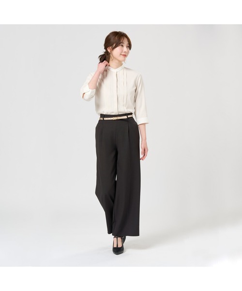 TOKYO SHIRTS（トウキョウシャツ）の「【吸水速乾】【COFREX】スタンド 配色ブラウス 七分袖 レディースデザインシャツ（シャツ/ブラウス・レディース・ベージュ・XL/S/M/L/LL）」の7枚目の写真