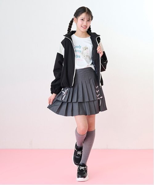 セール】【ニコ☆プチ掲載】レースアップリボン2段プリーツスカパン