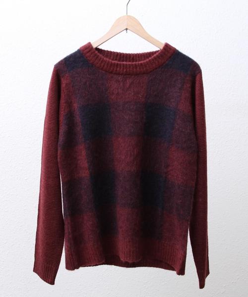 coen（コーエン）の「シャギーブロックチェッククルーネックニット（ニット/セーター・レディース・ダークグリーン/ワイン・LARGE/MEDIUM）」の2枚目の写真